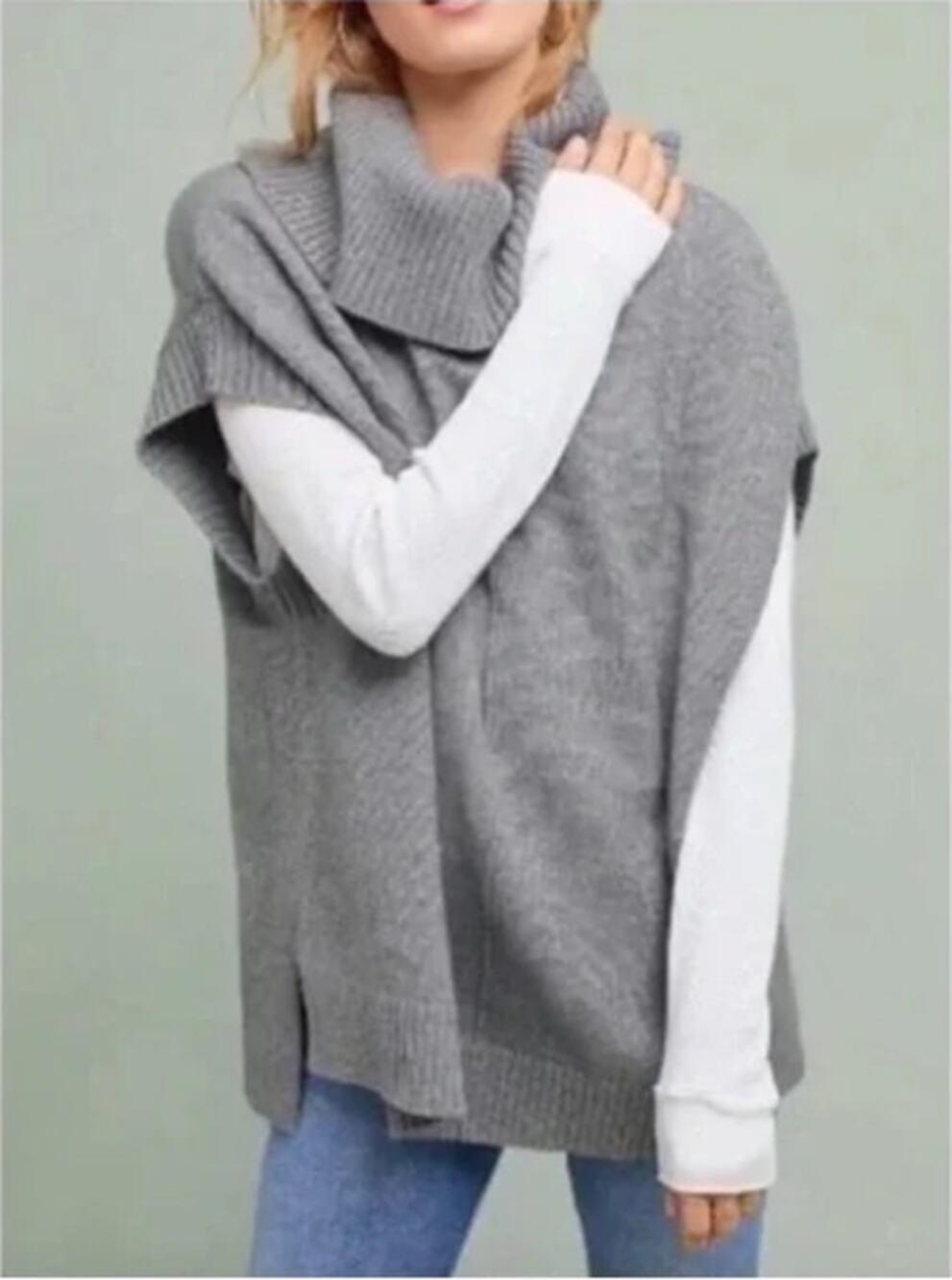 ANTHROPOLOGIE Moth Gray Sleeveless Oversized Cowl Neck Poncho Sweater // XS